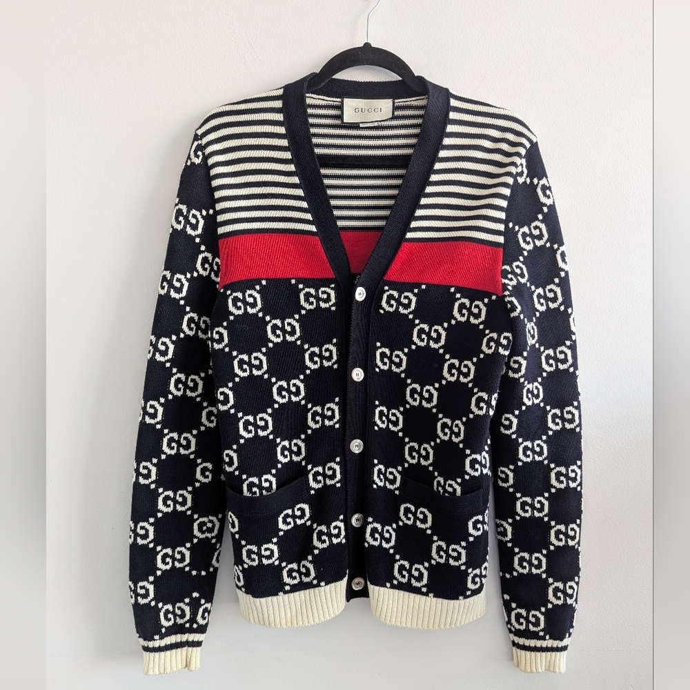 Gucci Black and White Cardigan Sweater with Monogram Pattern